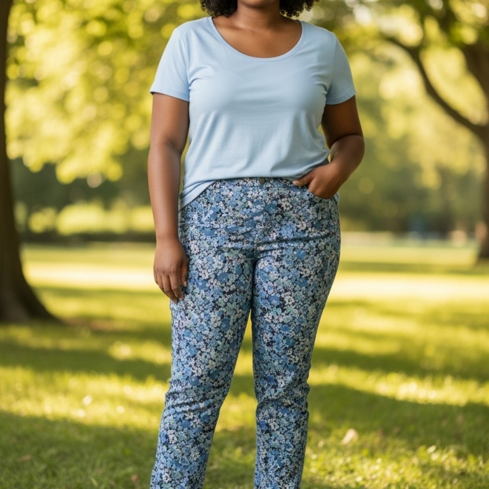 Terra & Sky NEW Plus Size Floral Ankle Pants Blue Daisy Print High Rise - Picture 11 of 11